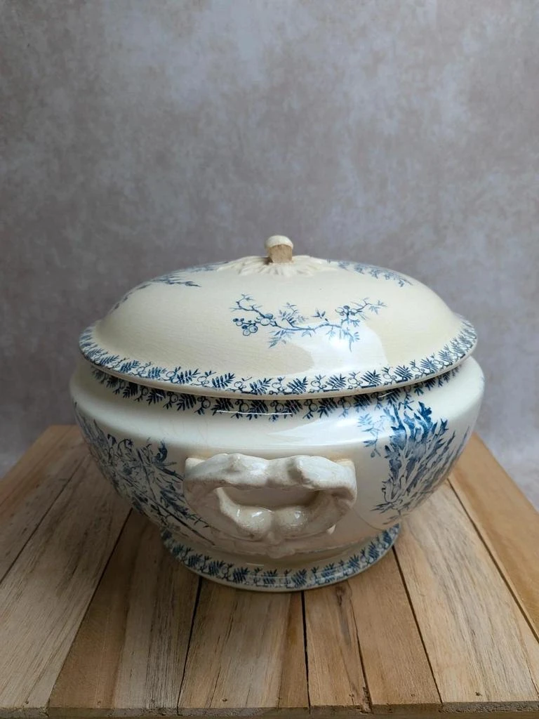 Sopera antigua de terracota Gien – Modelo Helecho – Decoración azul – photo 7
